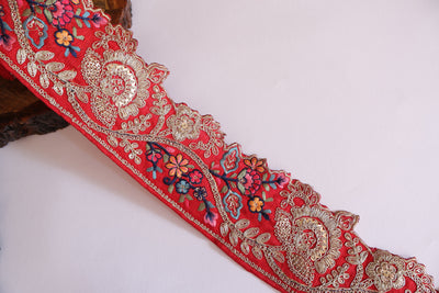 Red Floral Zari Embroidered Lace Trim - 3 Yards