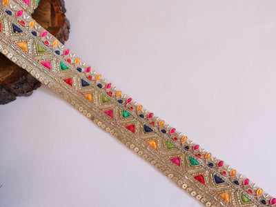 Colorful Threadwork Golden Beads Floral Lace - 3 Yards