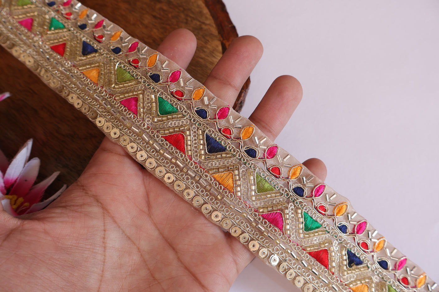 Colorful Threadwork Golden Beads Floral Lace - 3 Yards