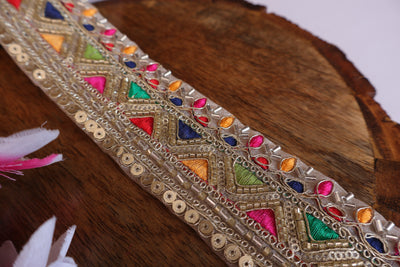 Colorful Threadwork Golden Beads Floral Lace - 3 Yards