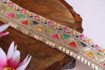 Colorful Threadwork Golden Beads Floral Lace - 3 Yards