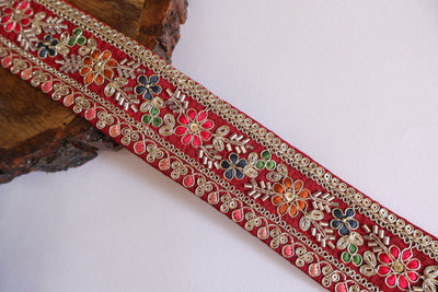 Red Threadwork Floral Glass Beads Lace Trim - 3 Yards