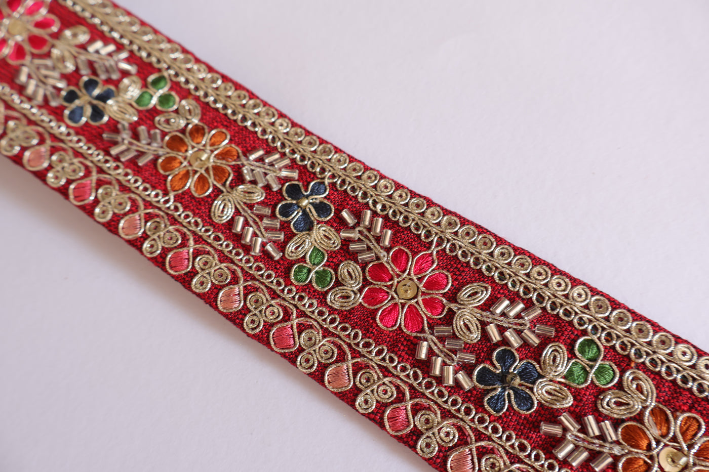 Red Threadwork Floral Glass Beads Lace Trim - 3 Yards