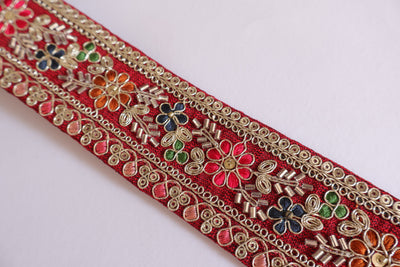Red Threadwork Floral Glass Beads Lace Trim - 3 Yards