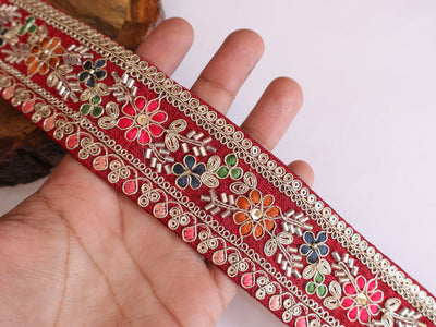 Red Threadwork Floral Glass Beads Lace Trim - 3 Yards