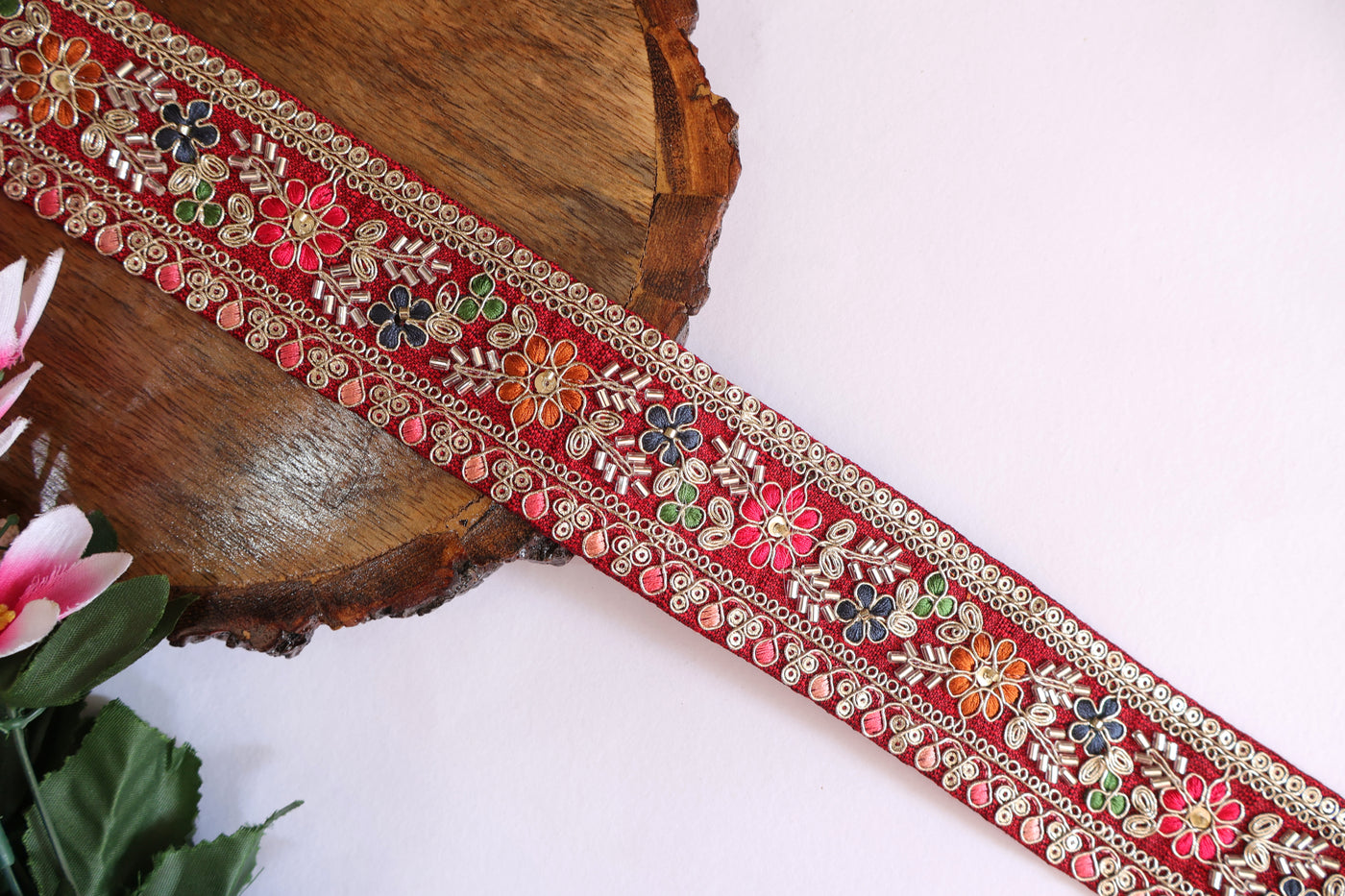 Red Threadwork Floral Glass Beads Lace Trim - 3 Yards