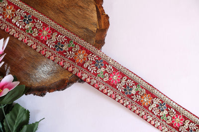 Red Threadwork Floral Glass Beads Lace Trim - 3 Yards