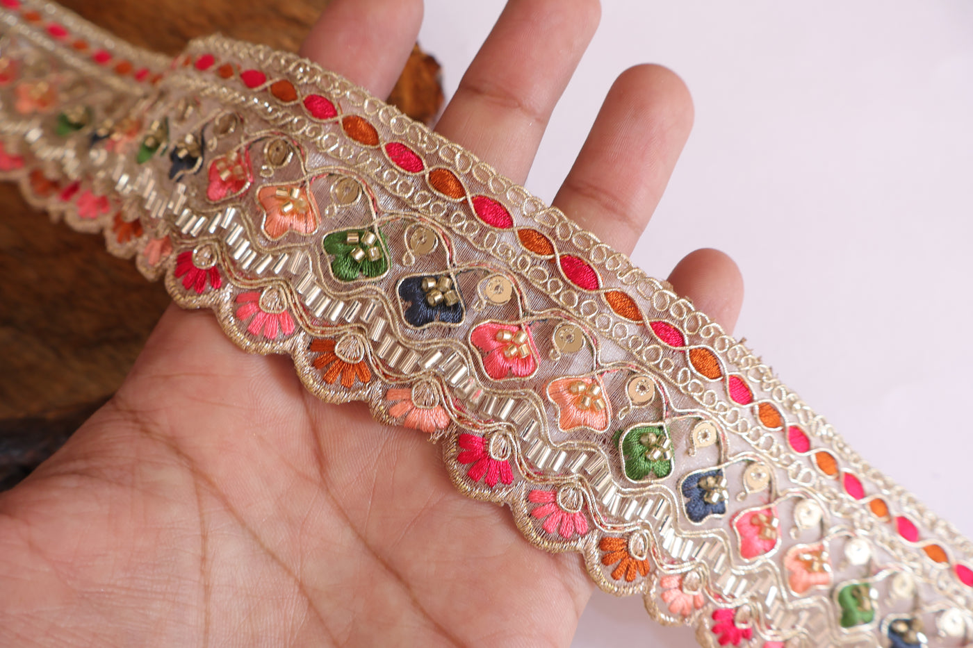 Light Gold & Rainbow Threadwork Beaded Lace - 3 Yards