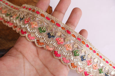 Light Gold & Rainbow Threadwork Beaded Lace - 3 Yards