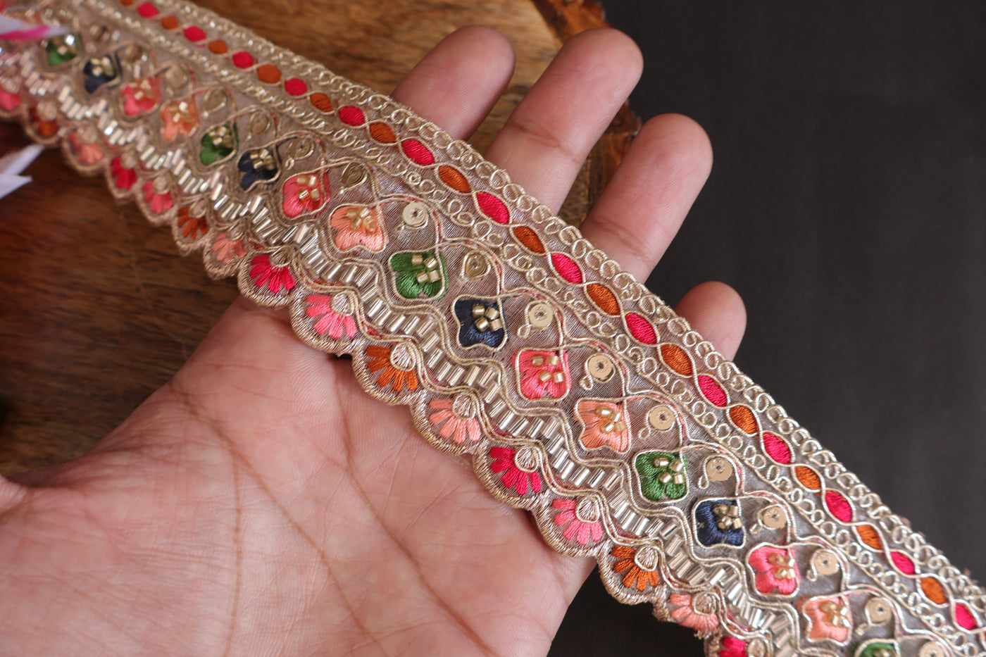 Light Gold & Rainbow Threadwork Beaded Lace - 3 Yards