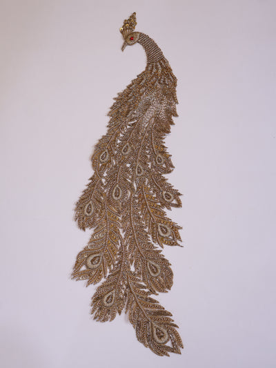 Antique Gold Zardozi Large Peacock Applique Sew On Patch