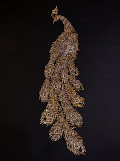Antique Gold Zardozi Large Peacock Applique Sew On Patch