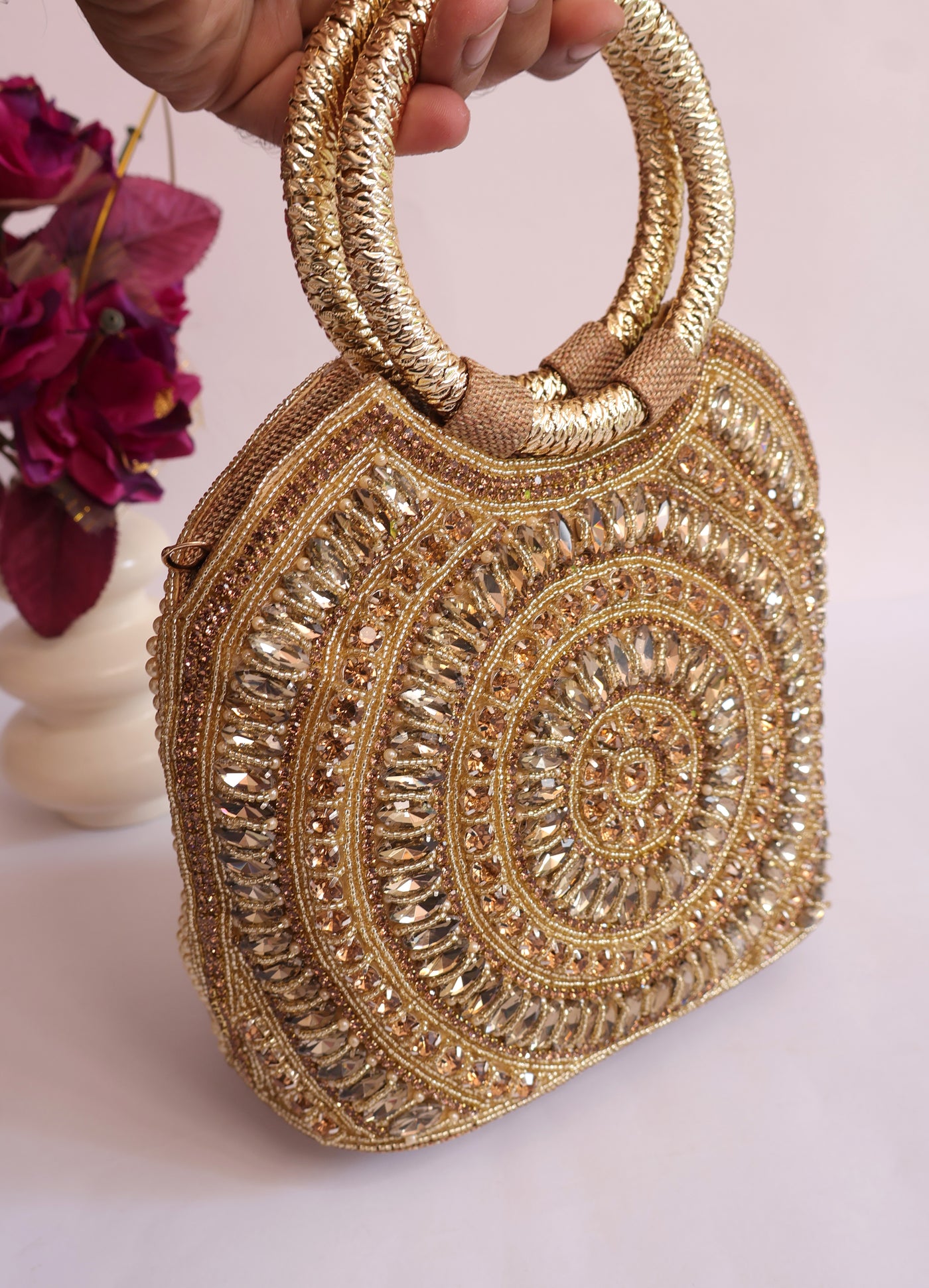 Luxury Champagne Gold Bridal Zircon Handbag, Wedding Clutch