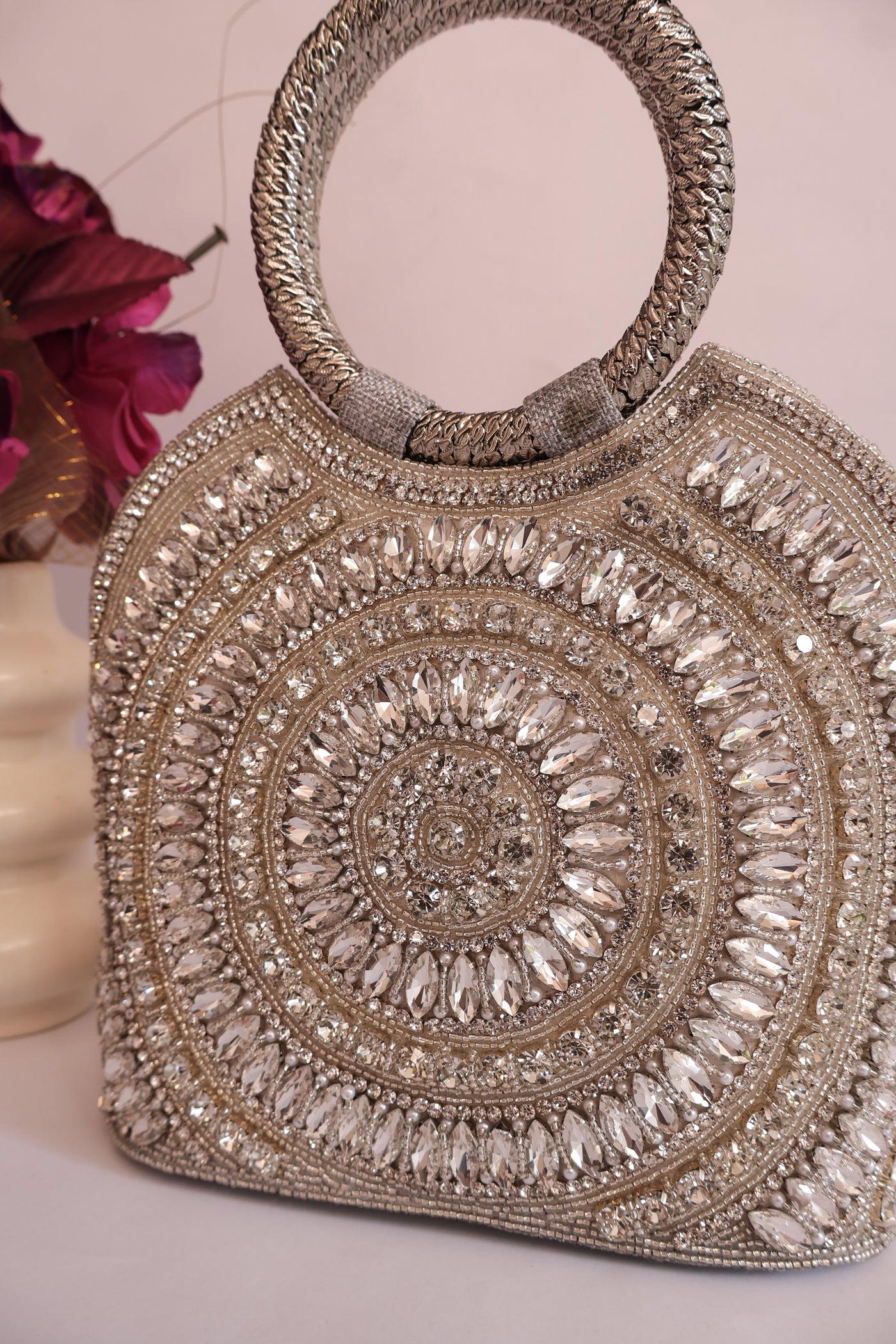 Luxury Silver Bridal Zircon Handbag, Indian Wedding Clutch