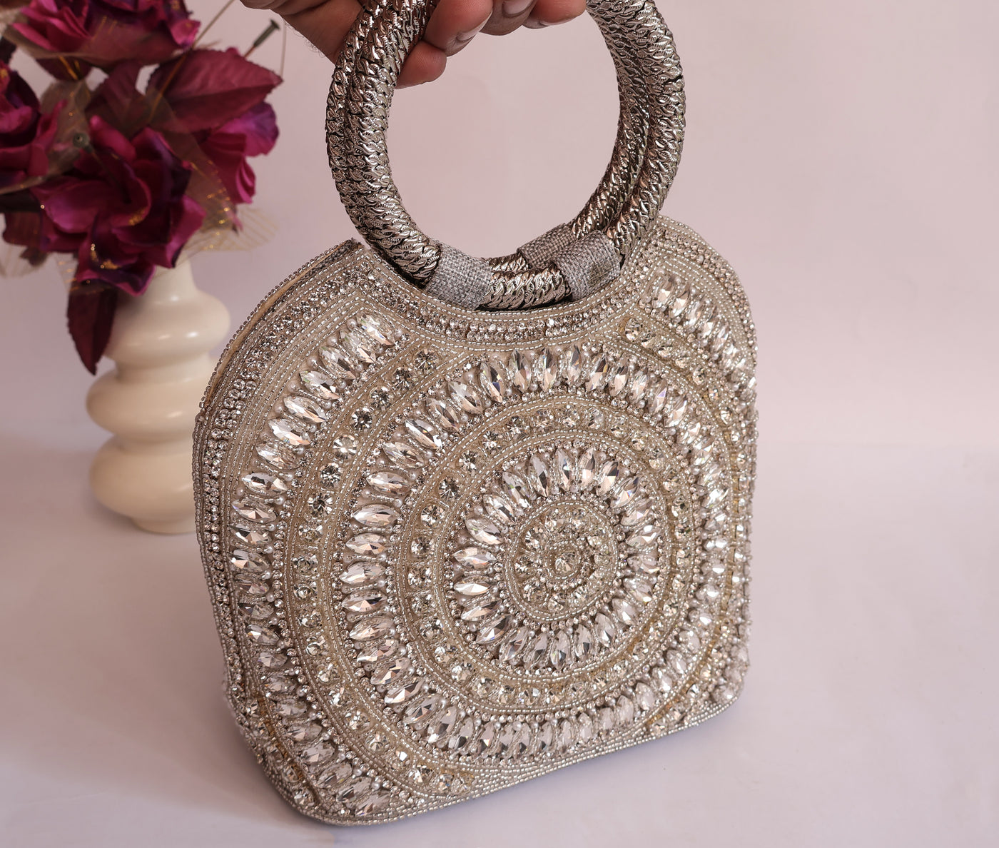 Luxury Silver Bridal Zircon Handbag, Indian Wedding Clutch