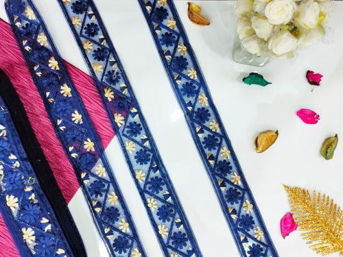 Blue & Gold Floral Lace Trim: Indian Sari Border, 9 Yards