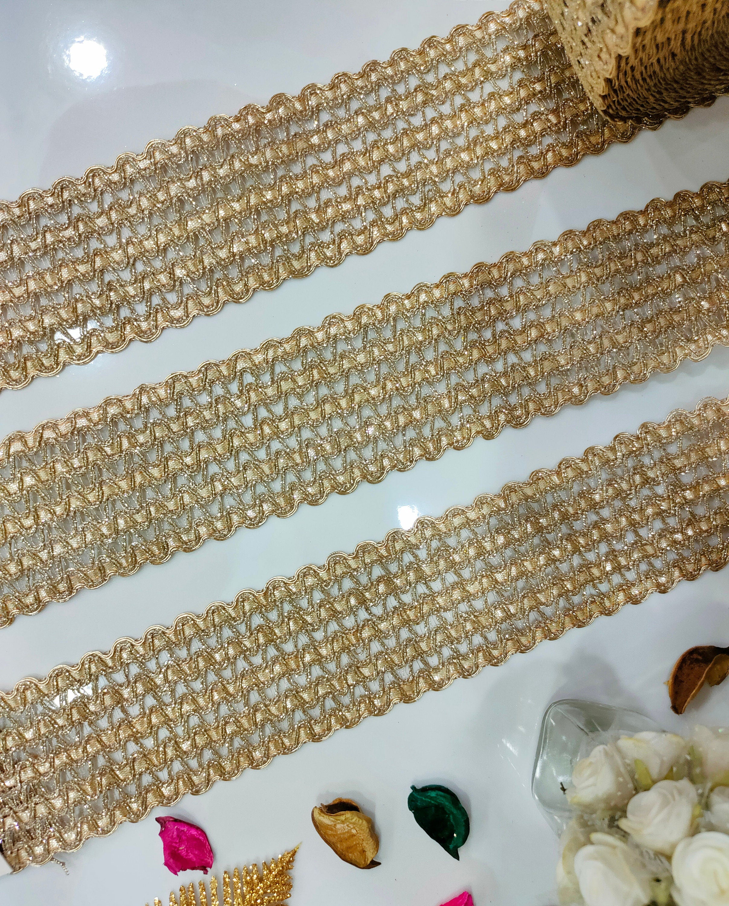 Golden Bollywood Sari Border: Antique Glamorous India Lace Trim, 9 Yards