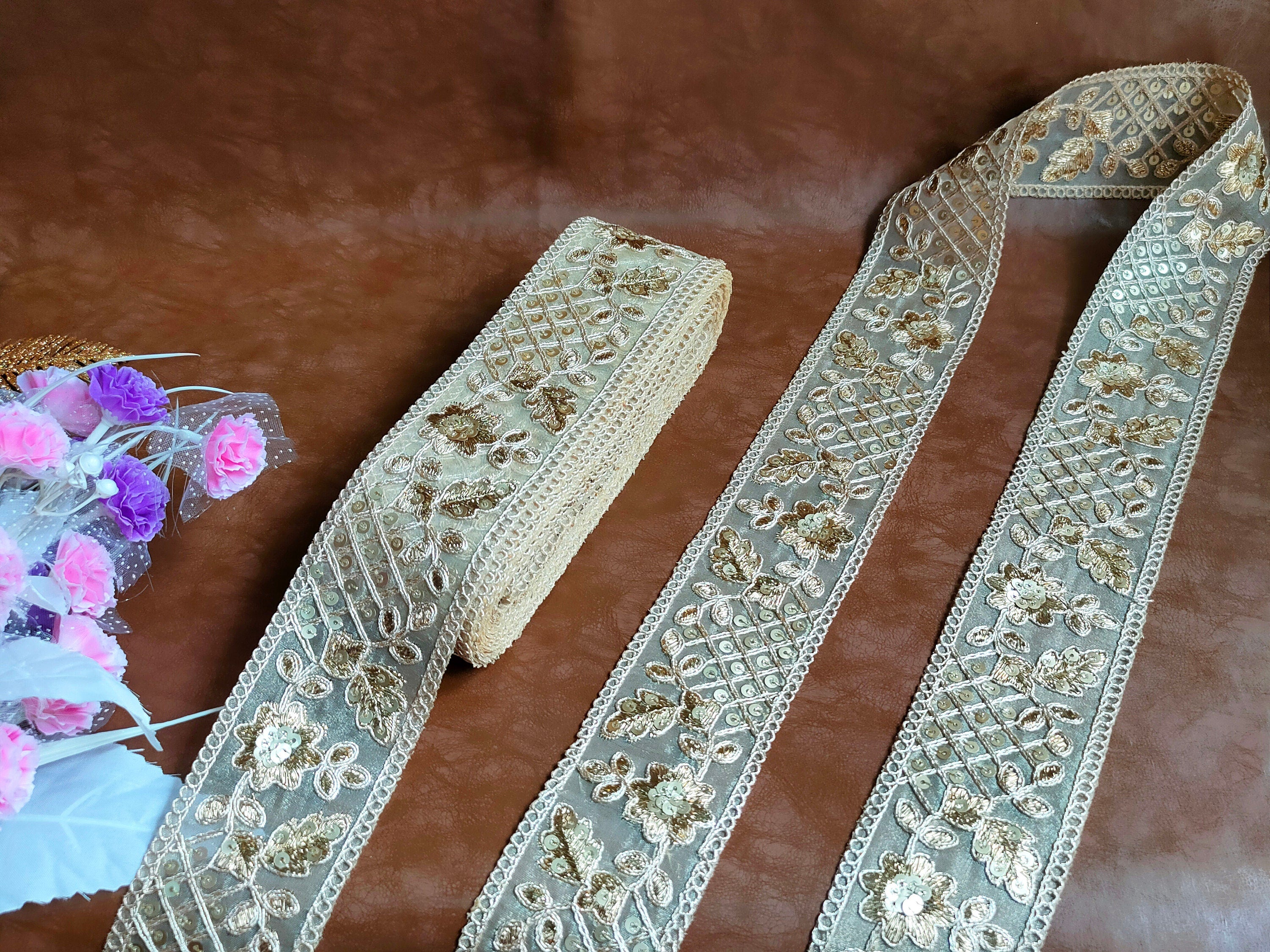 Gold Sequin Embroidered Trim: Indian Sari Border Lace, 9 Yards