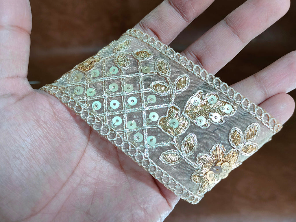 Gold Sequin Embroidered Trim: Indian Sari Border Lace, 9 Yards