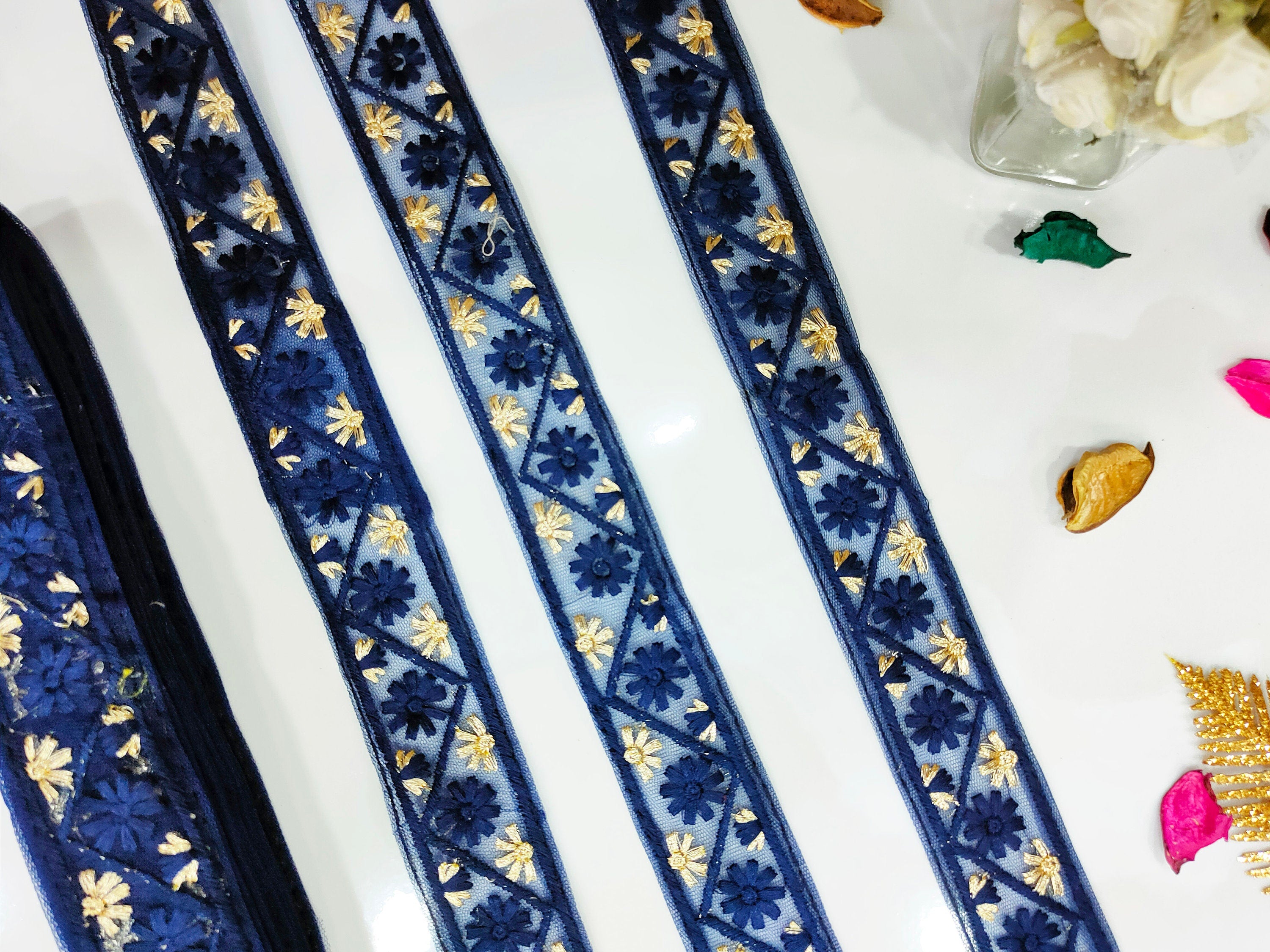 Blue & Gold Floral Lace Trim: Indian Sari Border, 9 Yards