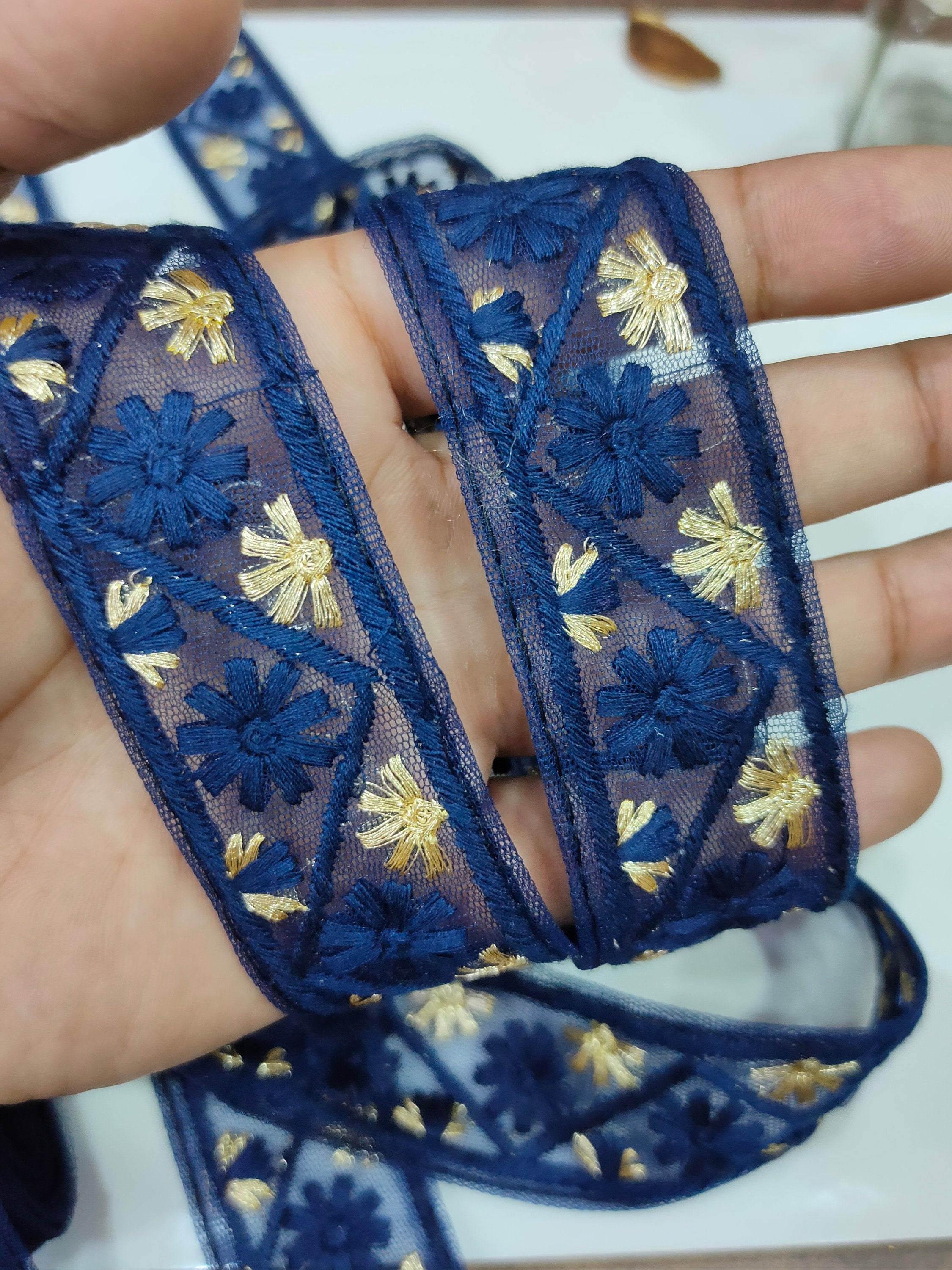 Blue & Gold Floral Lace Trim: Indian Sari Border, 9 Yards