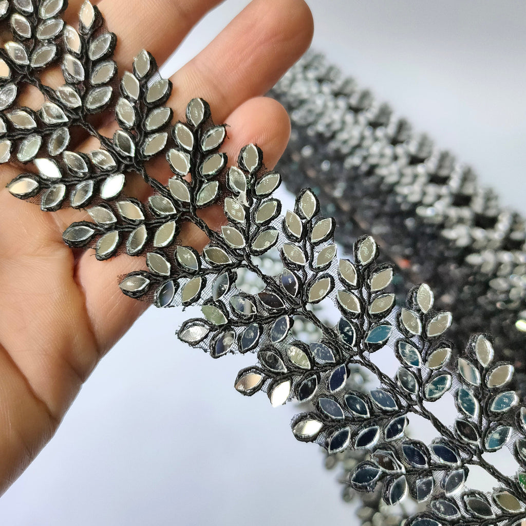 Black Mirror Cutwork Lace Trim: Antique Silver Vine Border