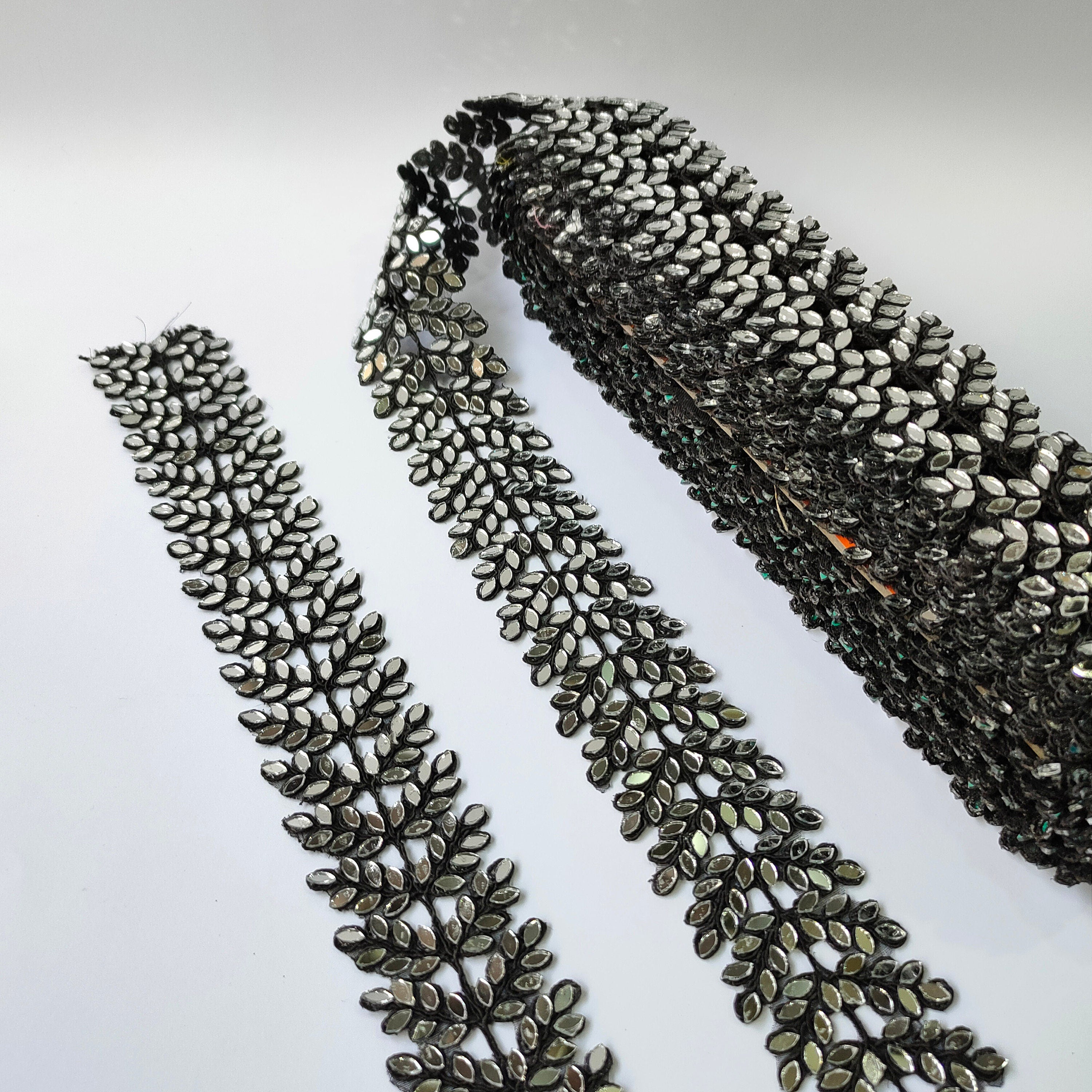 Black Mirror Cutwork Lace Trim: Antique Silver Vine Border