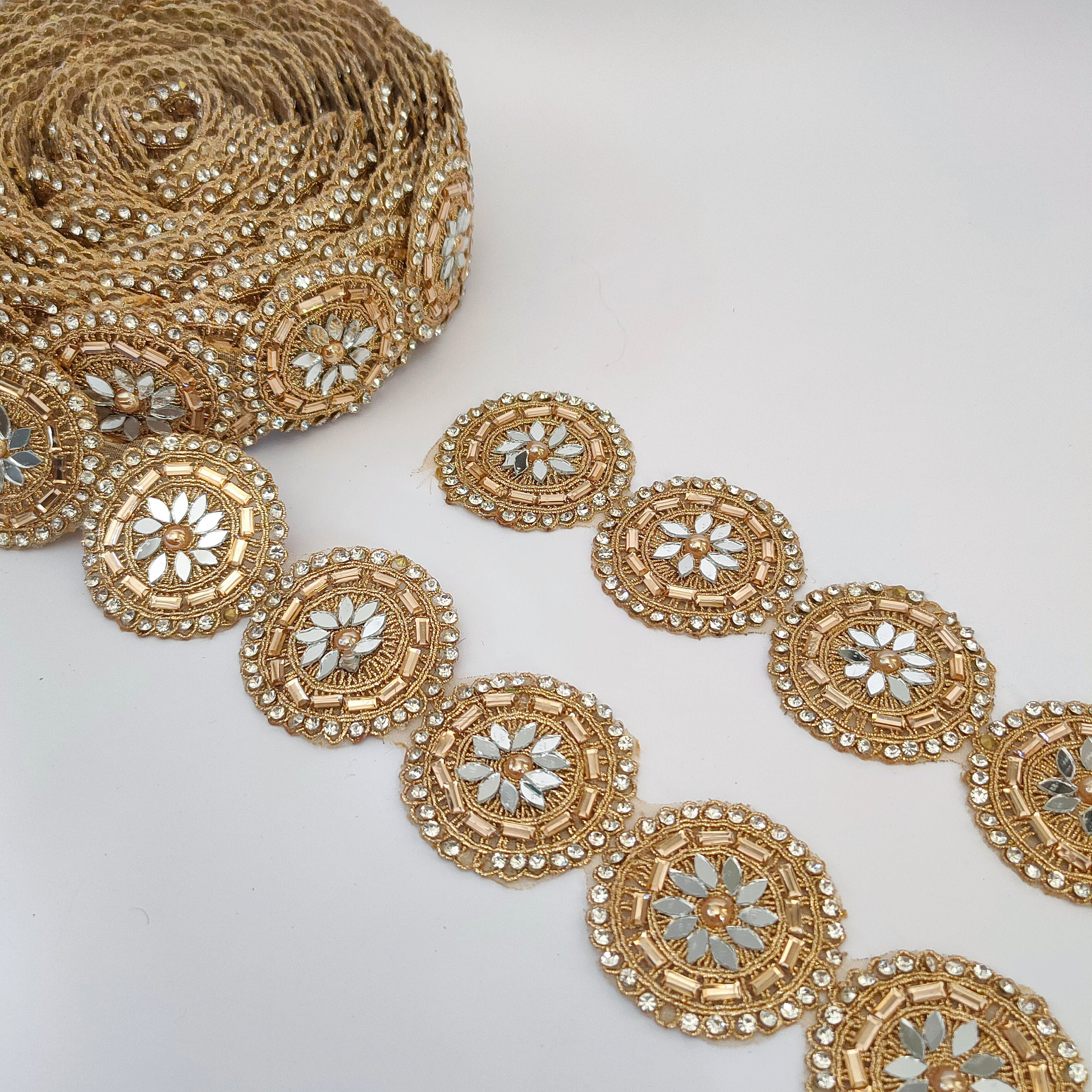 Gold Rhinestone Zircon Mirror Lace: Indian Wedding Dress Border