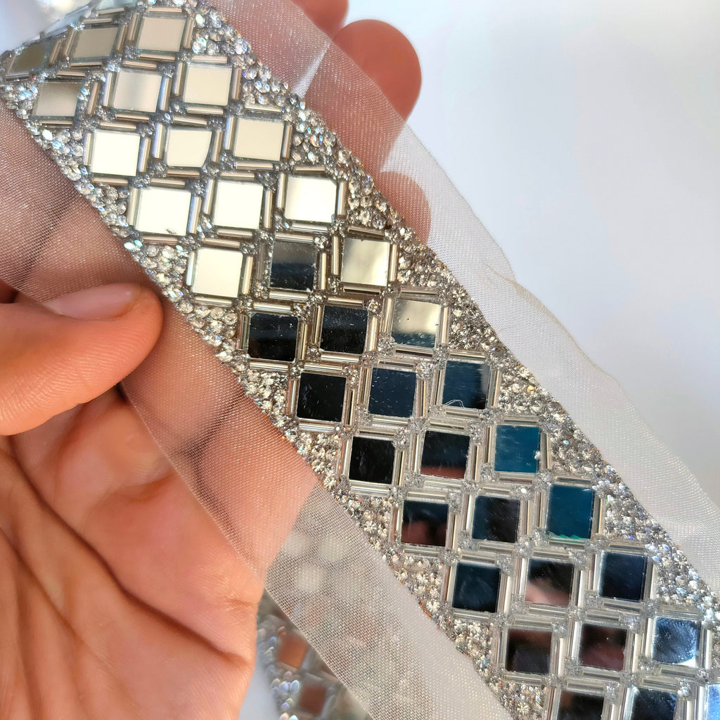 Silver Mirror Sari Border: Zircon & Glass Bead Indian Trim - 3.5cm Wide