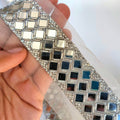 Silver Mirror Sari Border: Zircon & Glass Bead Indian Trim - 3.5cm Wide