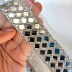 Silver Mirror Sari Border: Zircon & Glass Bead Indian Trim - 3.5cm Wide