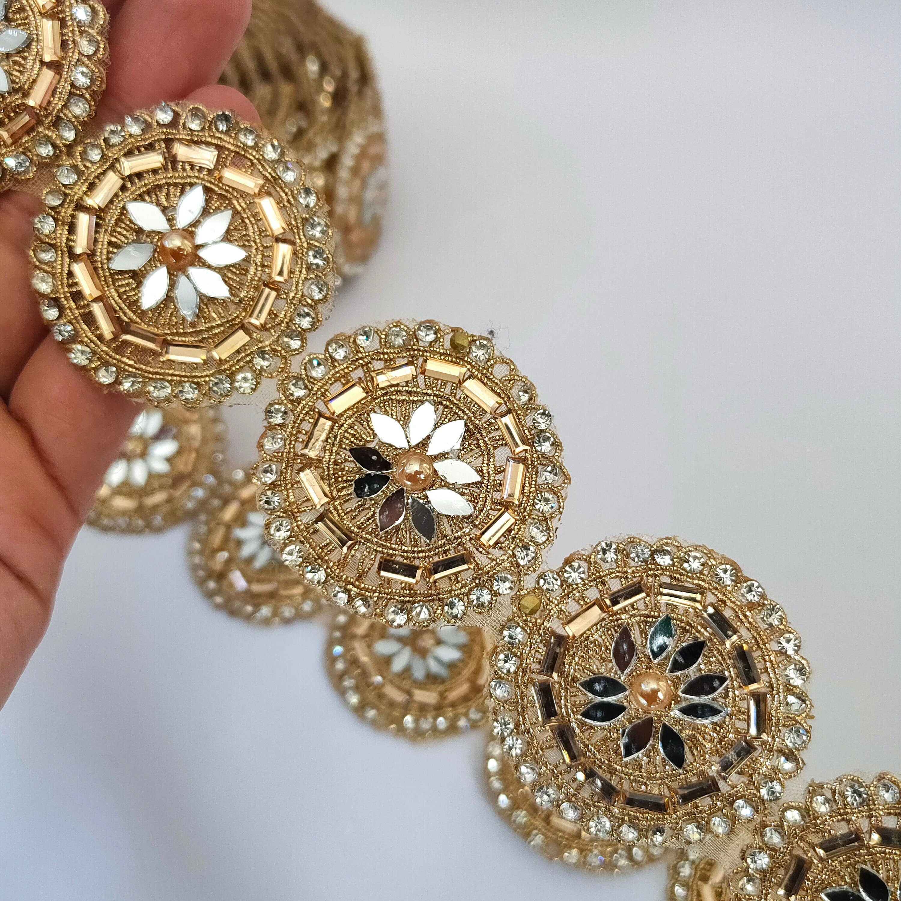 Gold Rhinestone Zircon Mirror Lace: Indian Wedding Dress Border