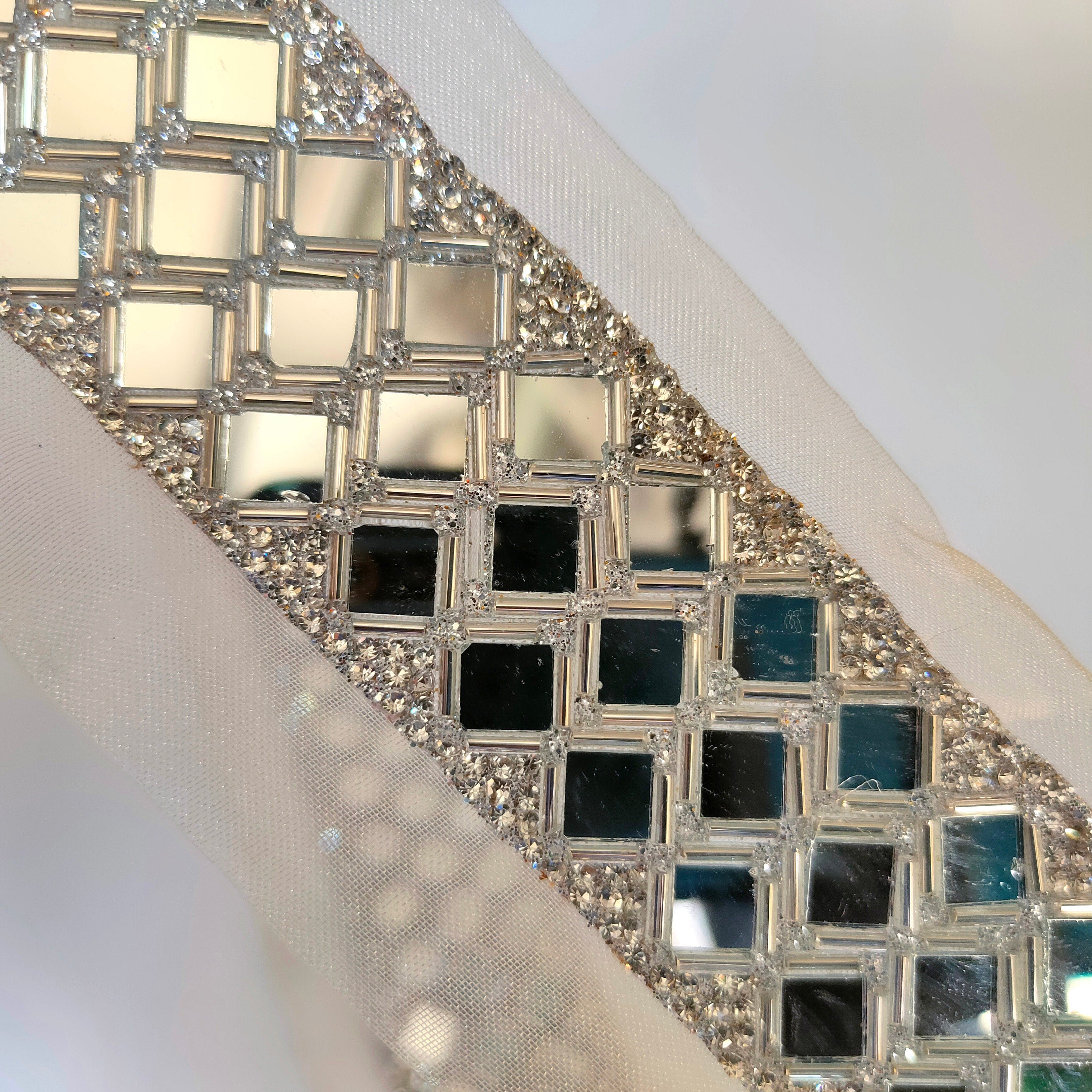 Silver Mirror Sari Border: Zircon & Glass Bead Indian Trim - 3.5cm Wide