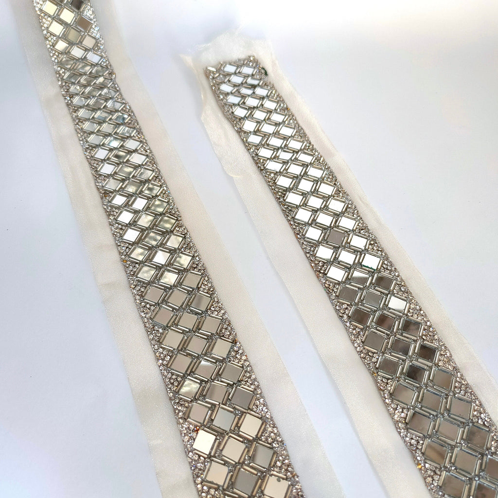 Silver Mirror Sari Border: Zircon & Glass Bead Indian Trim - 3.5cm Wide