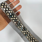 Mirror & Zircon Sari Border: Silver Black Indian Lace Trim (4cm Wide)