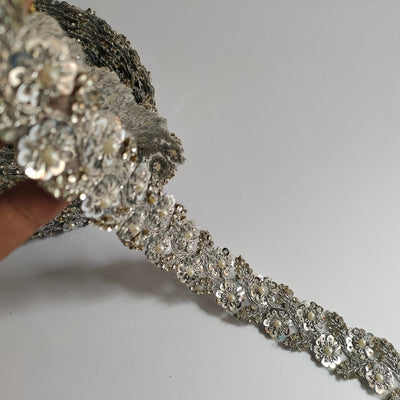 Silver Sequin Pearl Trim: Embroidered Lace Vine, Bollywood Sari Border