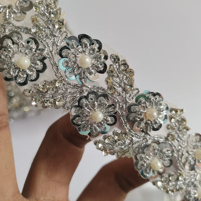 Silver Sequin Pearl Trim: Embroidered Lace Vine, Bollywood Sari Border