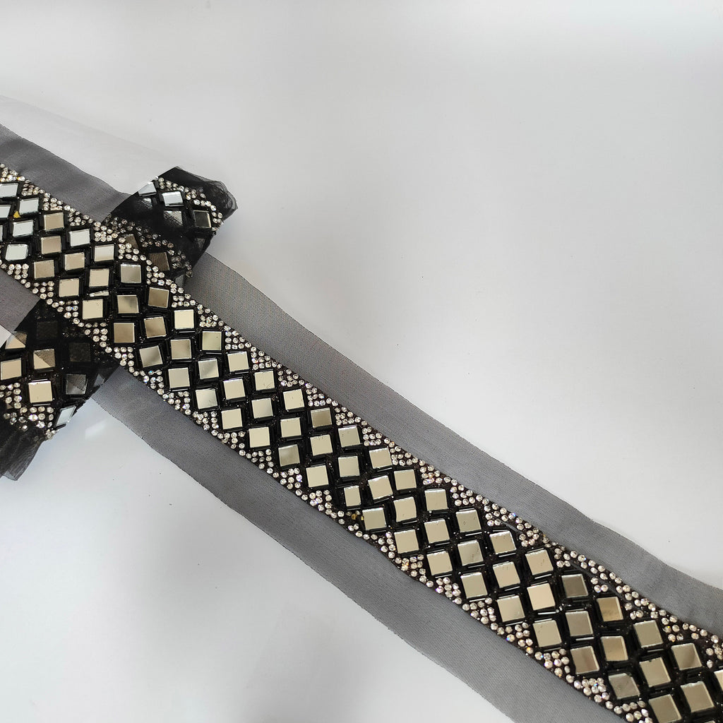 Mirror & Zircon Sari Border: Silver Black Indian Lace Trim (4cm Wide)