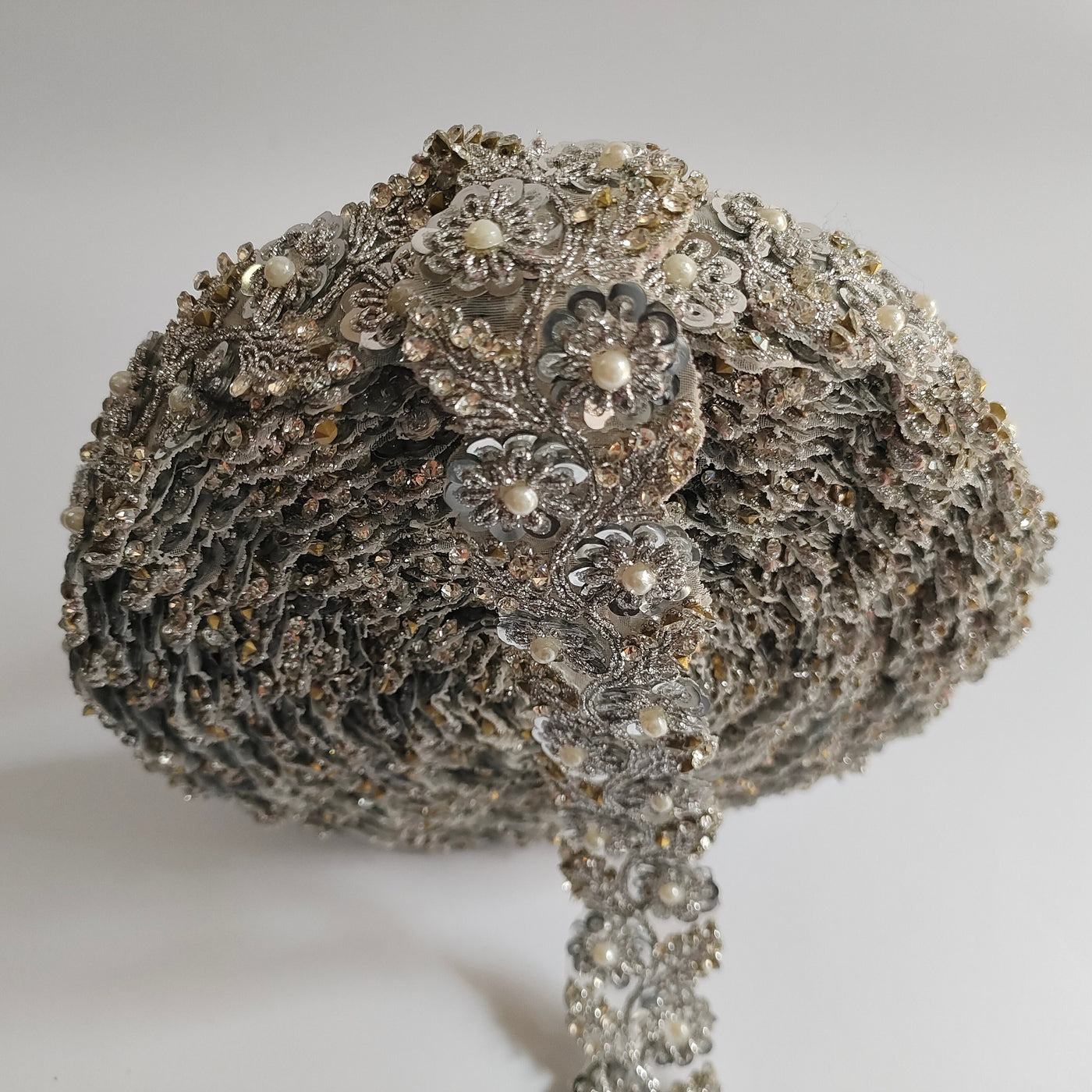 Silver Sequin Pearl Trim: Embroidered Lace Vine, Bollywood Sari Border