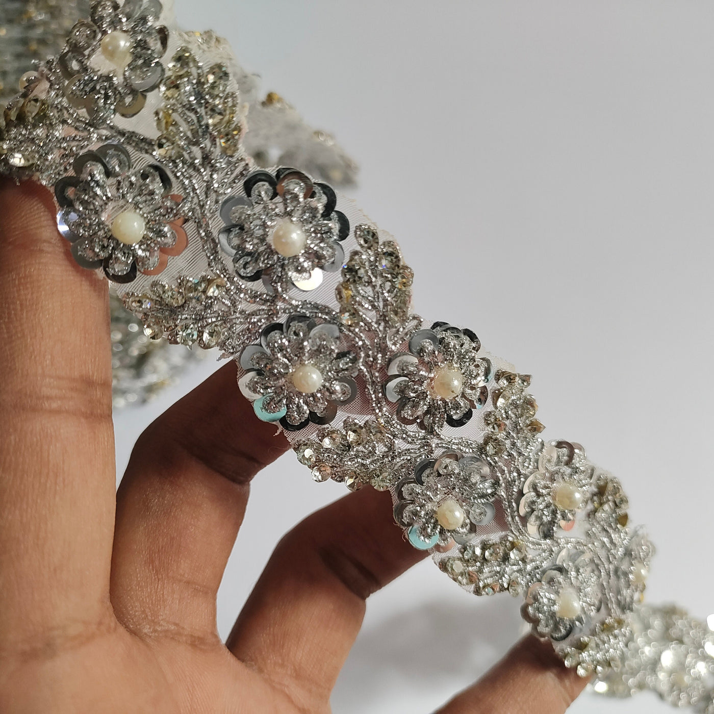 Silver Sequin Pearl Trim: Embroidered Lace Vine, Bollywood Sari Border