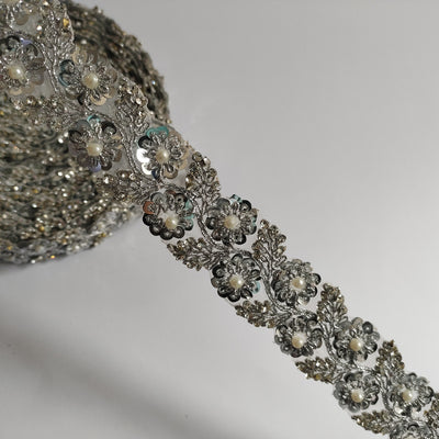 Silver Sequin Pearl Trim: Embroidered Lace Vine, Bollywood Sari Border