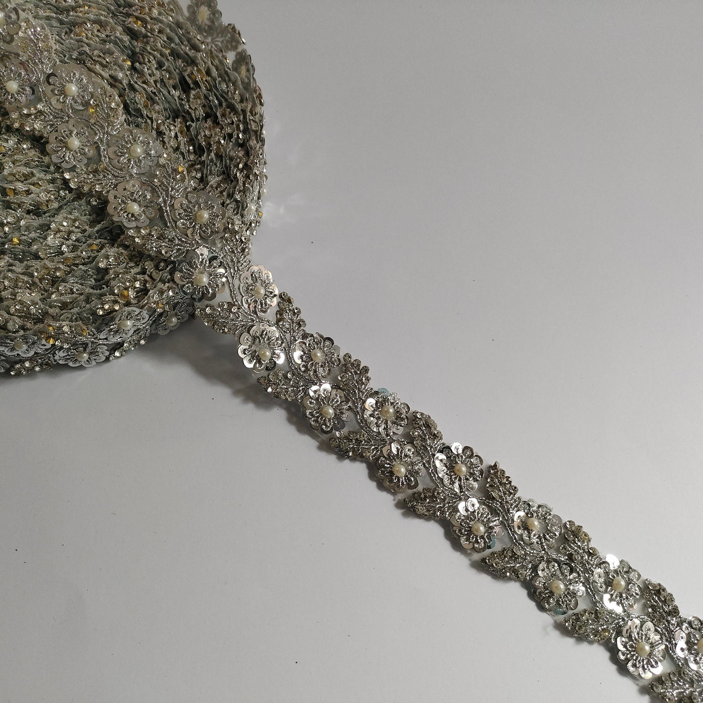 Silver Sequin Pearl Trim: Embroidered Lace Vine, Bollywood Sari Border