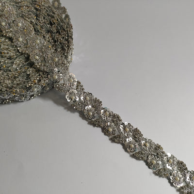 Silver Sequin Pearl Trim: Embroidered Lace Vine, Bollywood Sari Border
