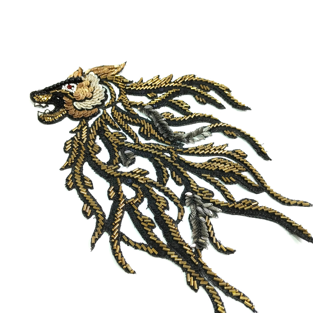 Handcrafted Gold & Black Tiger Applique Patch: Indian Embroidered Cutdana Artwork