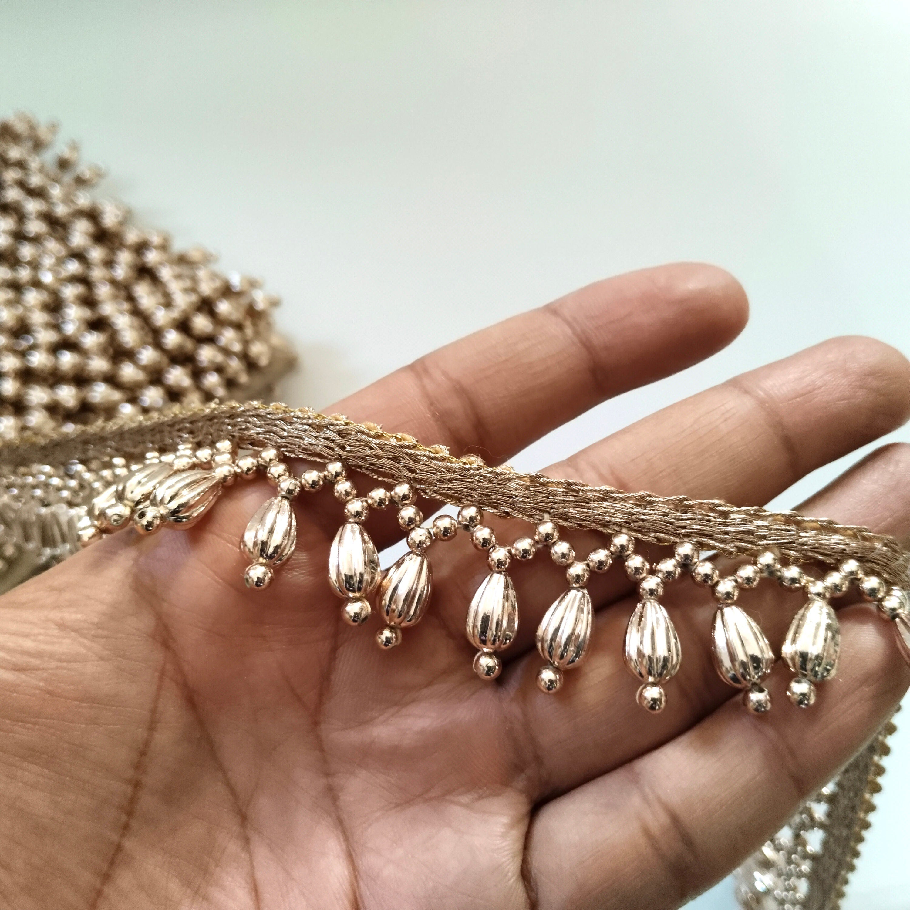 Rose Gold Beaded Tassel Trim: Indian Wedding Dress Border - 4 Yards