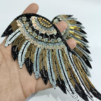 Handcrafted Sequin Wing Applique: Golden Black & Angelic White Bead Embroidery