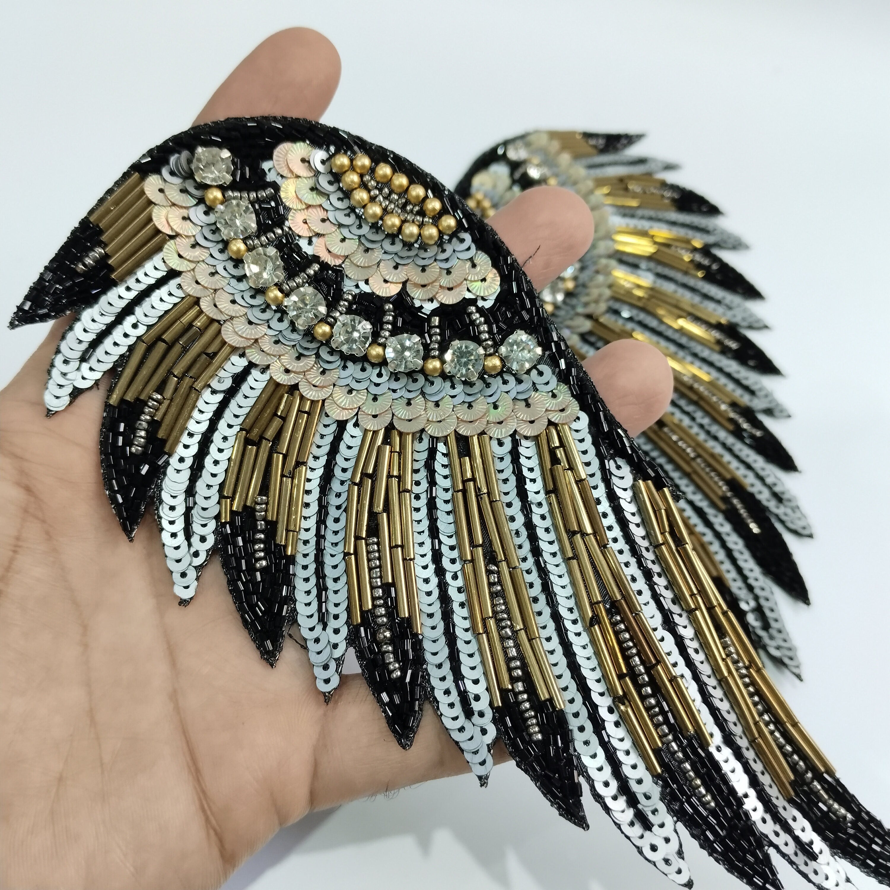 Handcrafted Sequin Wing Applique: Golden Black & Angelic White Bead Embroidery