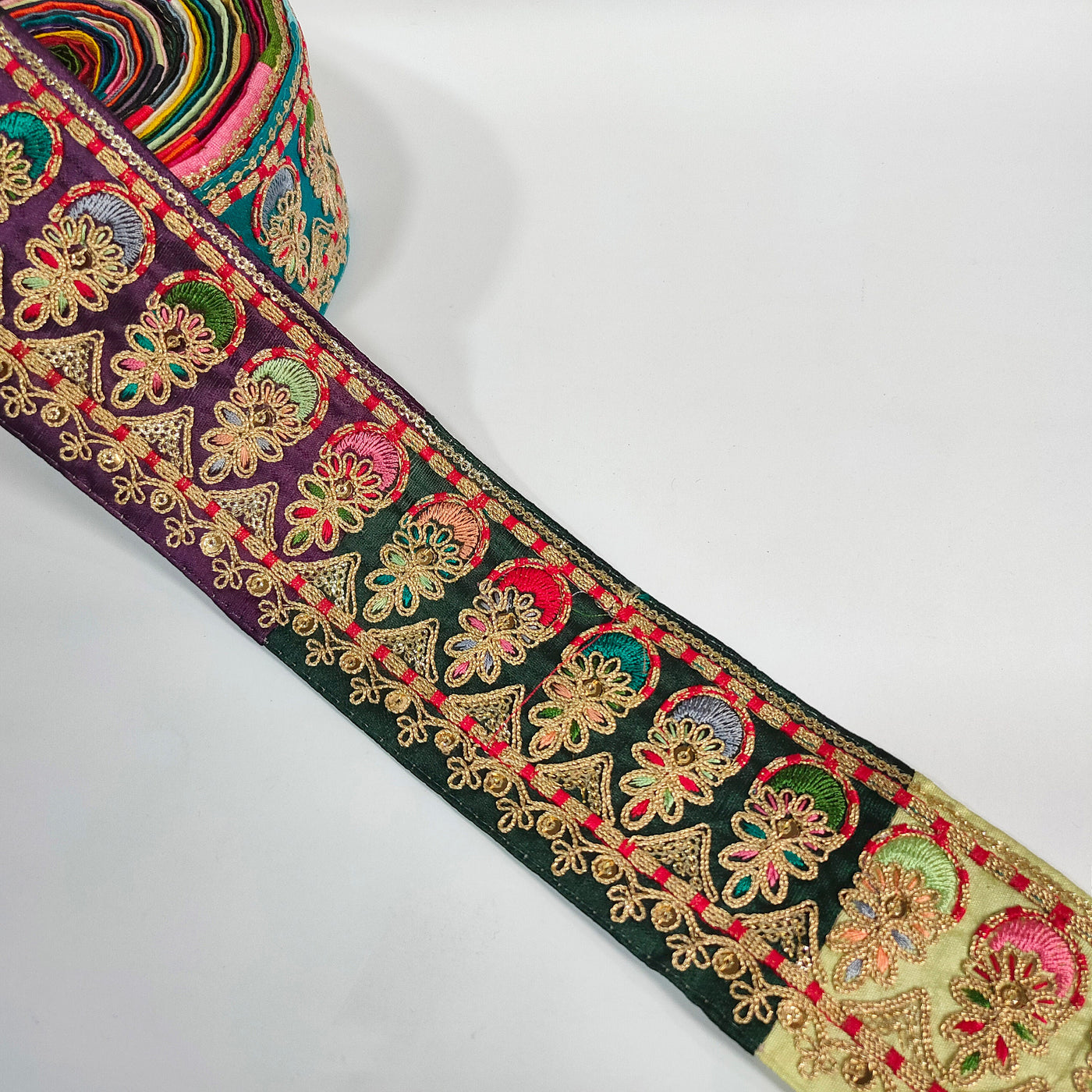 Zari Embroidered Indian Border Trim: Rainbow Threadwork Sari Lace