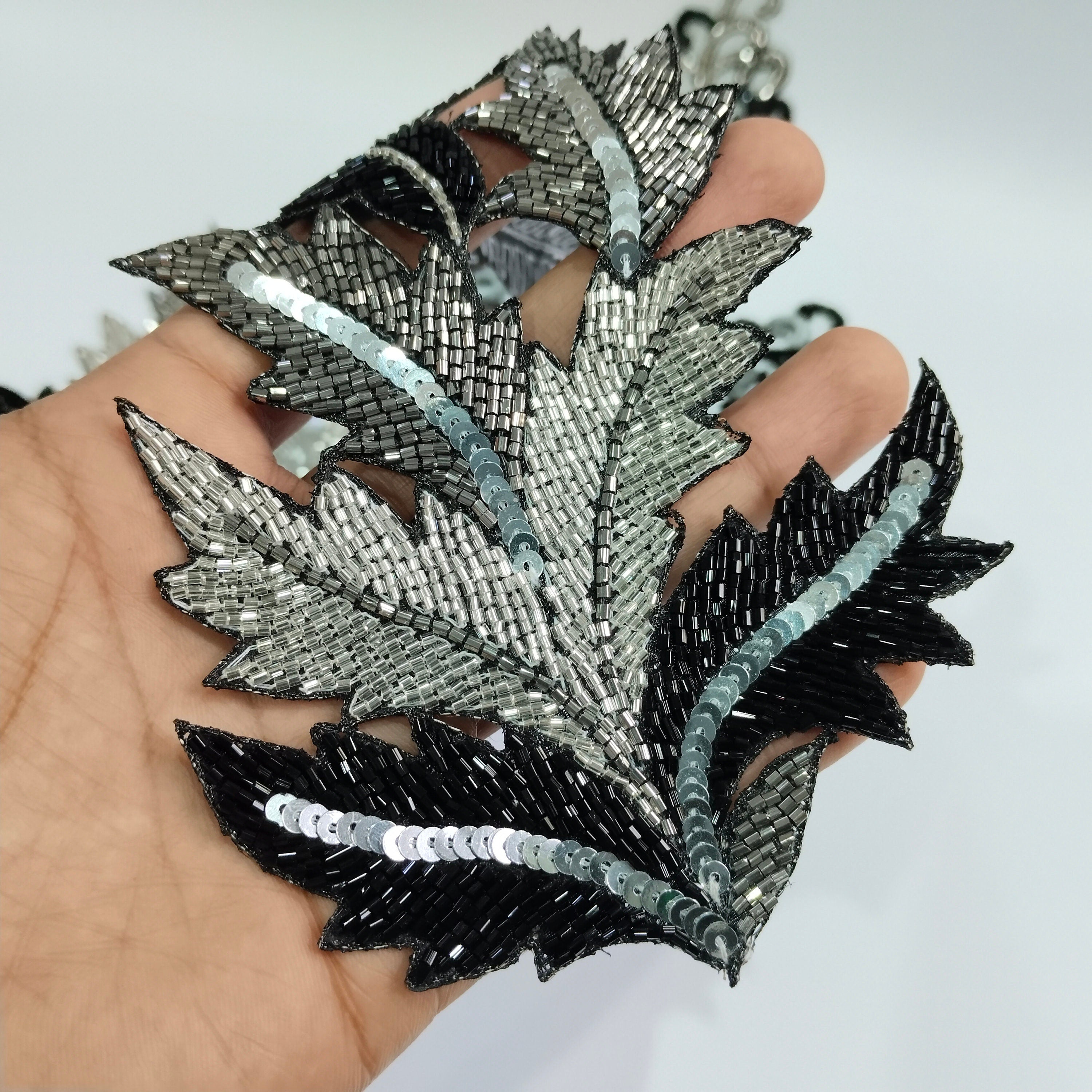 Silver & Black Beaded Applique Patches: Indian Cutdana Sew-On Embellishments