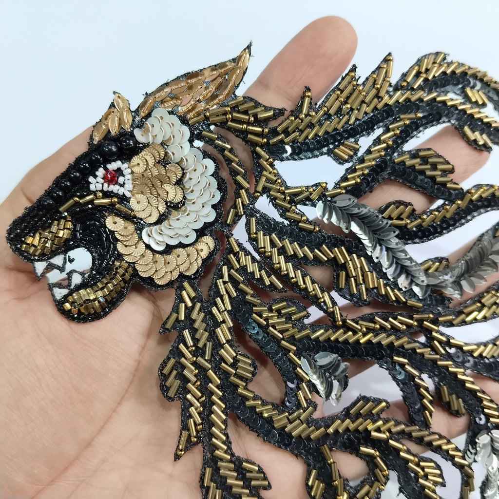 Handcrafted Gold & Black Tiger Applique Patch: Indian Embroidered Cutdana Artwork
